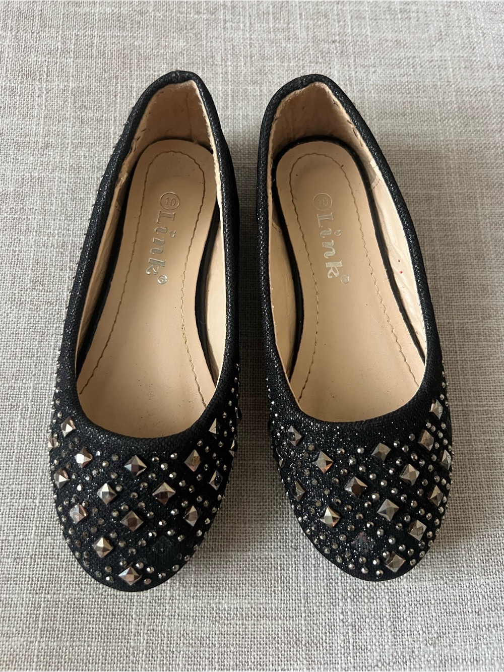 Link Girls Black Embellished Studded Glitter Ballet Flats, Size 10